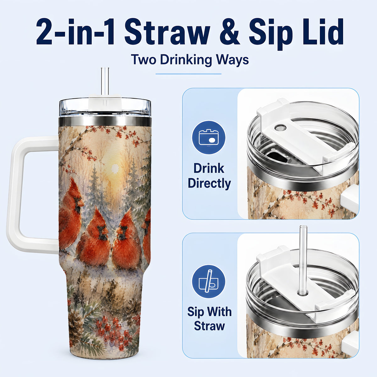 #pl[40oz|White] Winter Cardinal 40oz Tumbler with Handle, Red Bird Travel Cup