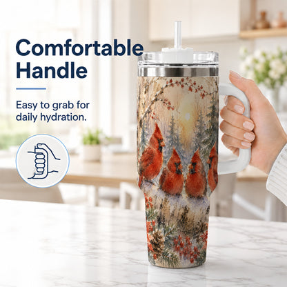 #pl[40oz|White] Winter Cardinal 40oz Tumbler with Handle, Red Bird Travel Cup