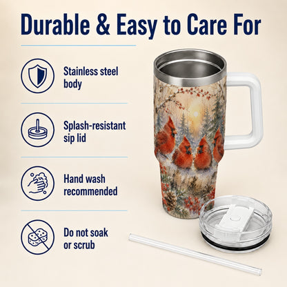 #pl[40oz|White] Winter Cardinal 40oz Tumbler with Handle, Red Bird Travel Cup