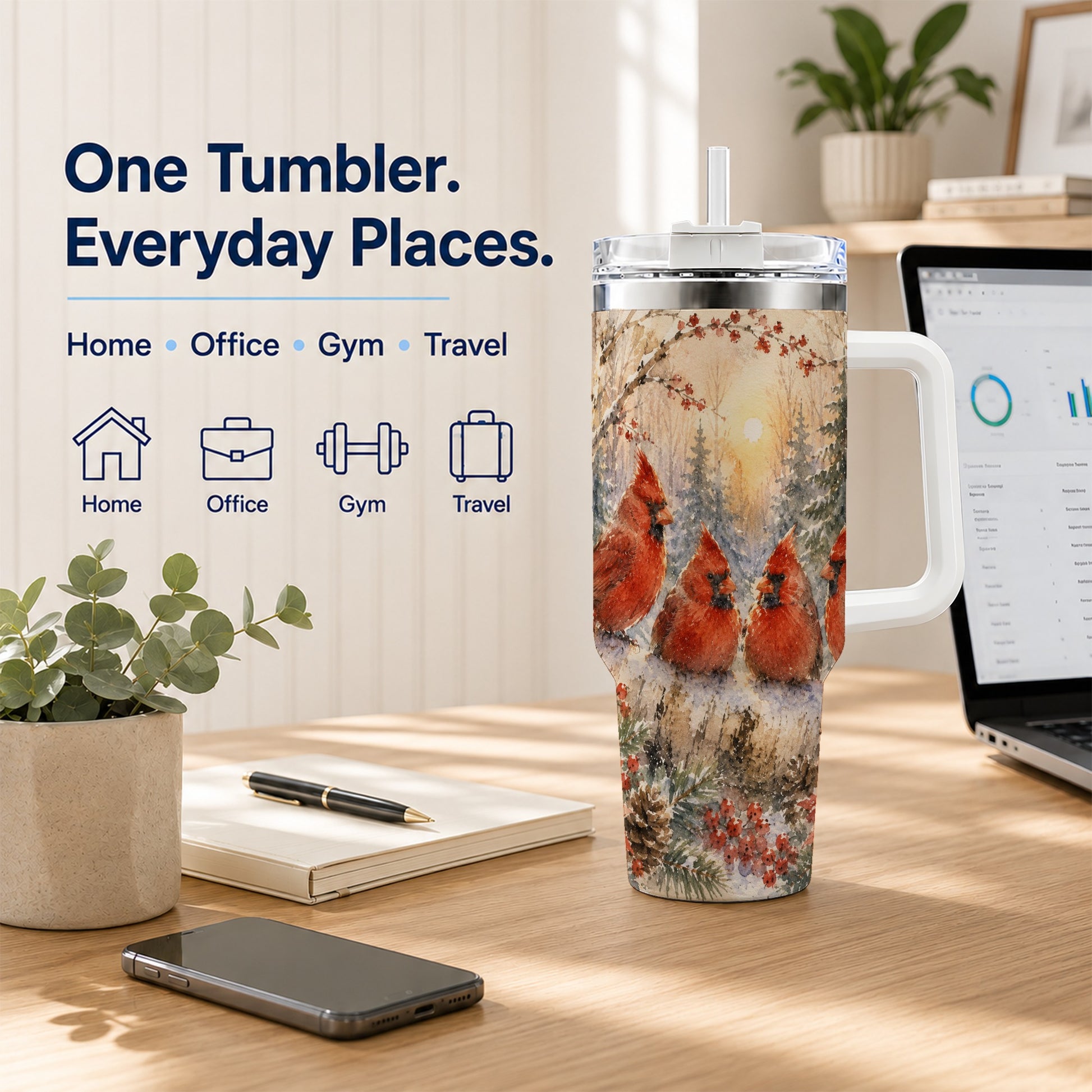 #pl[40oz|White] Winter Cardinal 40oz Tumbler with Handle, Red Bird Travel Cup