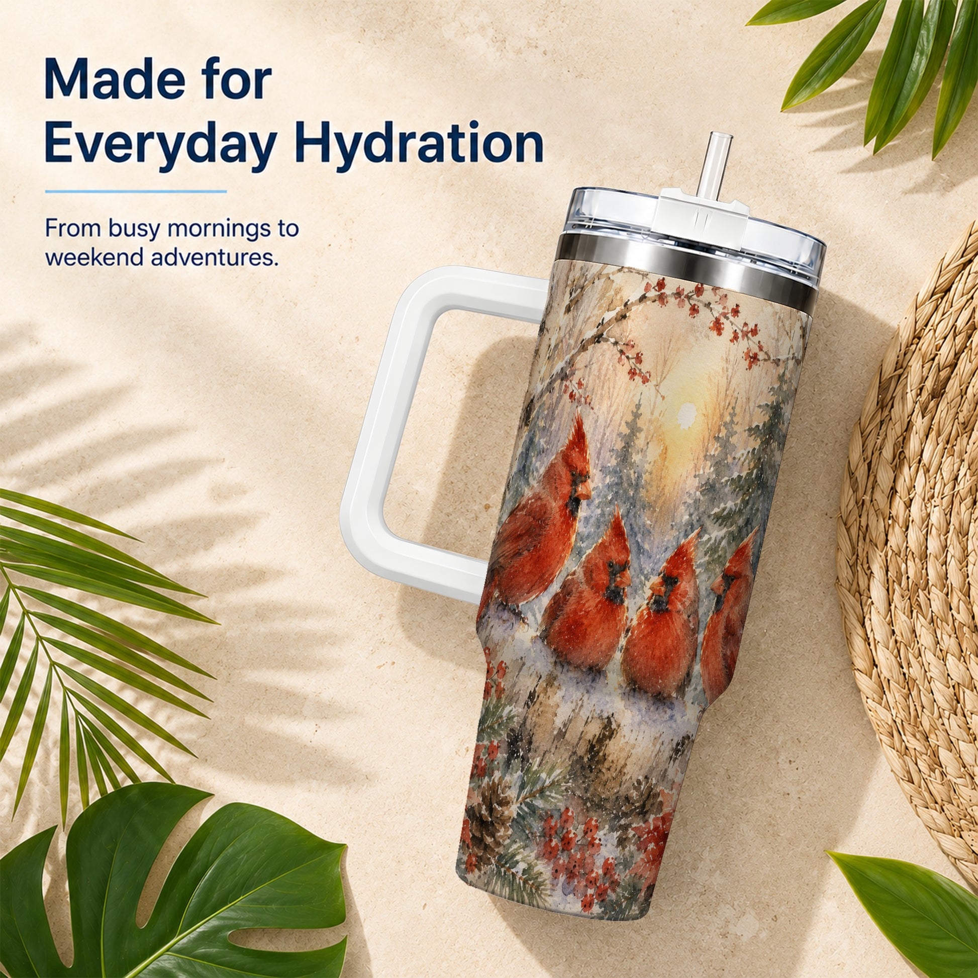 #pl[40oz|White] Winter Cardinal 40oz Tumbler with Handle, Red Bird Travel Cup