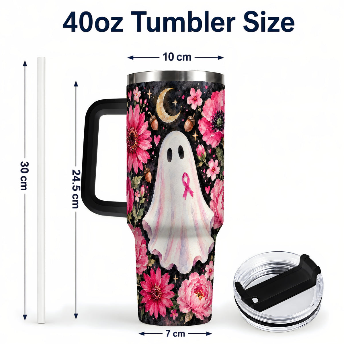 #pl[40oz|Black] Pink Floral Ghost 40oz Tumbler with Handle, Awareness Ribbon Travel Cup