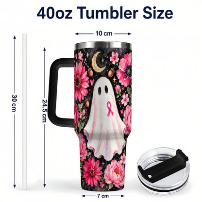 #pl[40oz|Black] Pink Floral Ghost 40oz Tumbler with Handle, Awareness Ribbon Travel Cup