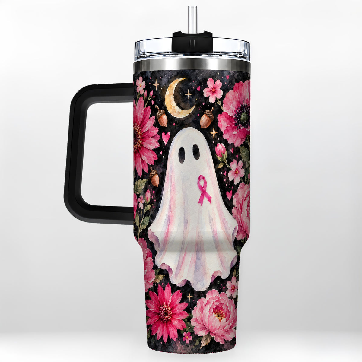 #pl[40oz|Black] Pink Floral Ghost 40oz Tumbler with Handle, Awareness Ribbon Travel Cup