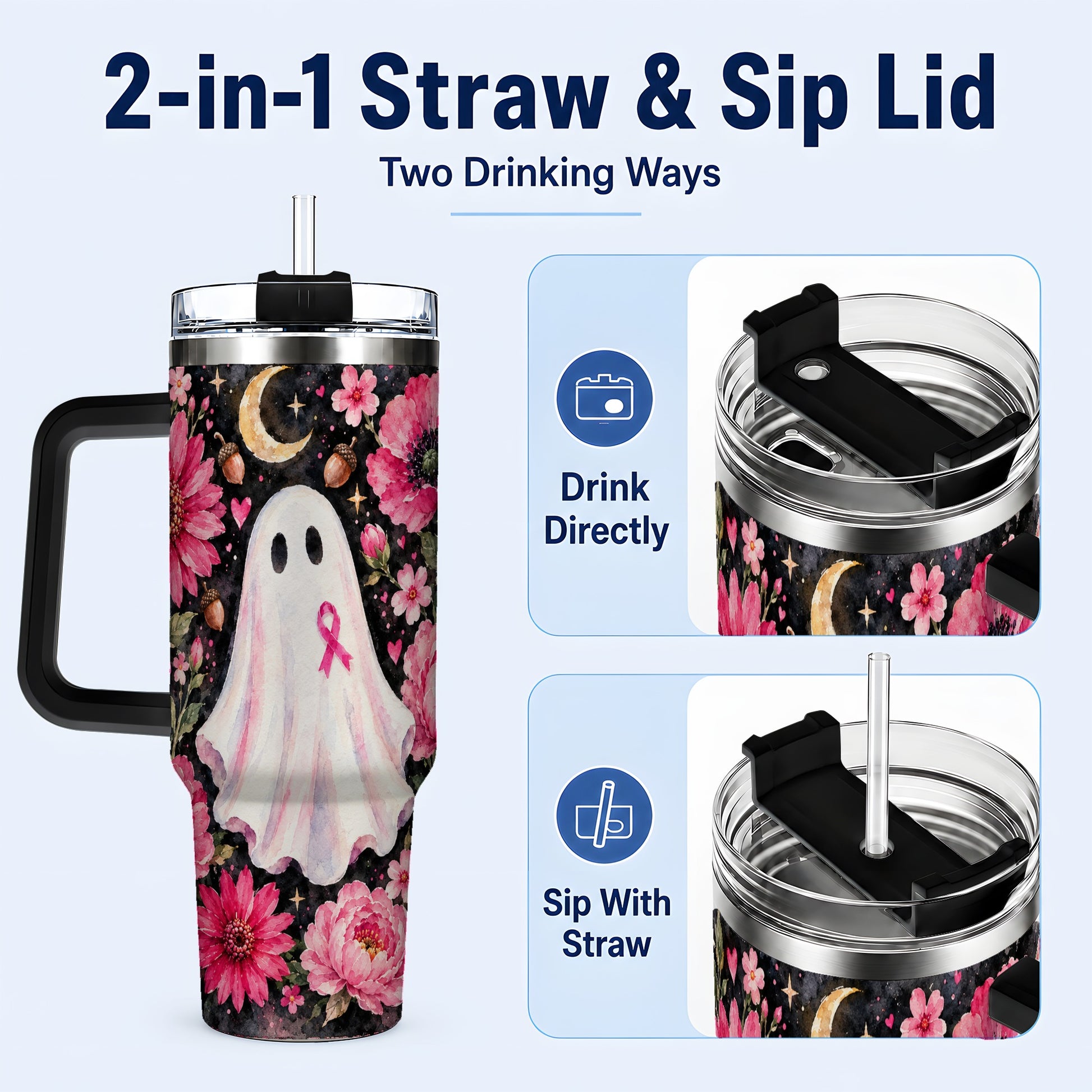 #pl[40oz|Black] Pink Floral Ghost 40oz Tumbler with Handle, Awareness Ribbon Travel Cup
