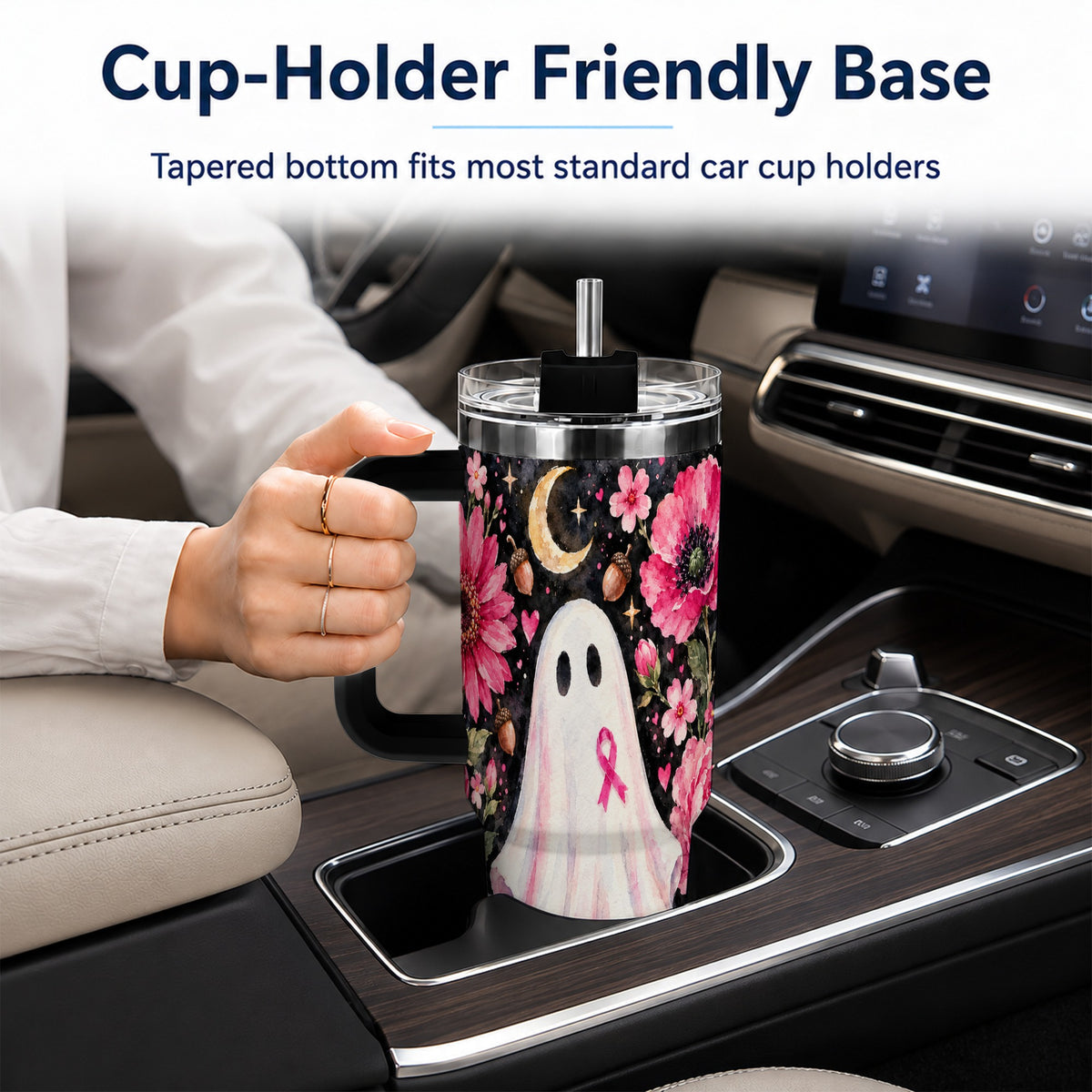 #pl[40oz|Black] Pink Floral Ghost 40oz Tumbler with Handle, Awareness Ribbon Travel Cup