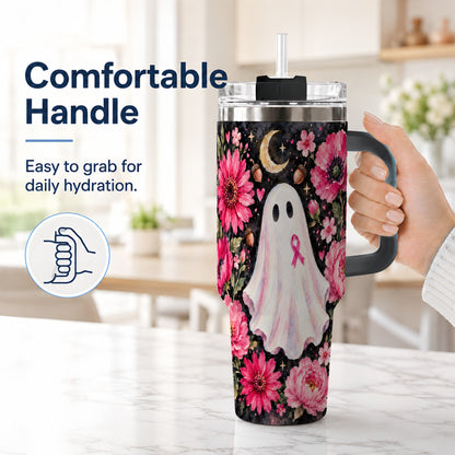 #pl[40oz|Black] Pink Floral Ghost 40oz Tumbler with Handle, Awareness Ribbon Travel Cup