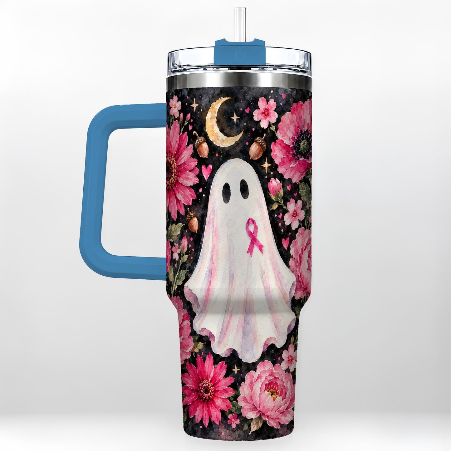 #pl[40oz|Blue] Pink Floral Ghost 40oz Tumbler with Handle, Awareness Ribbon Travel Cup