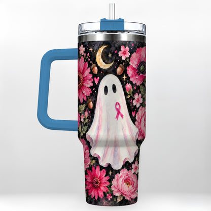 #pl[40oz|Blue] Pink Floral Ghost 40oz Tumbler with Handle, Awareness Ribbon Travel Cup