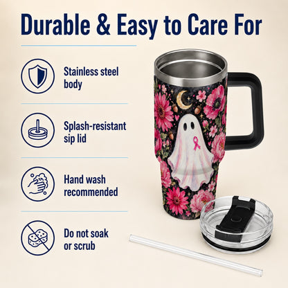 #pl[40oz|Black] Pink Floral Ghost 40oz Tumbler with Handle, Awareness Ribbon Travel Cup