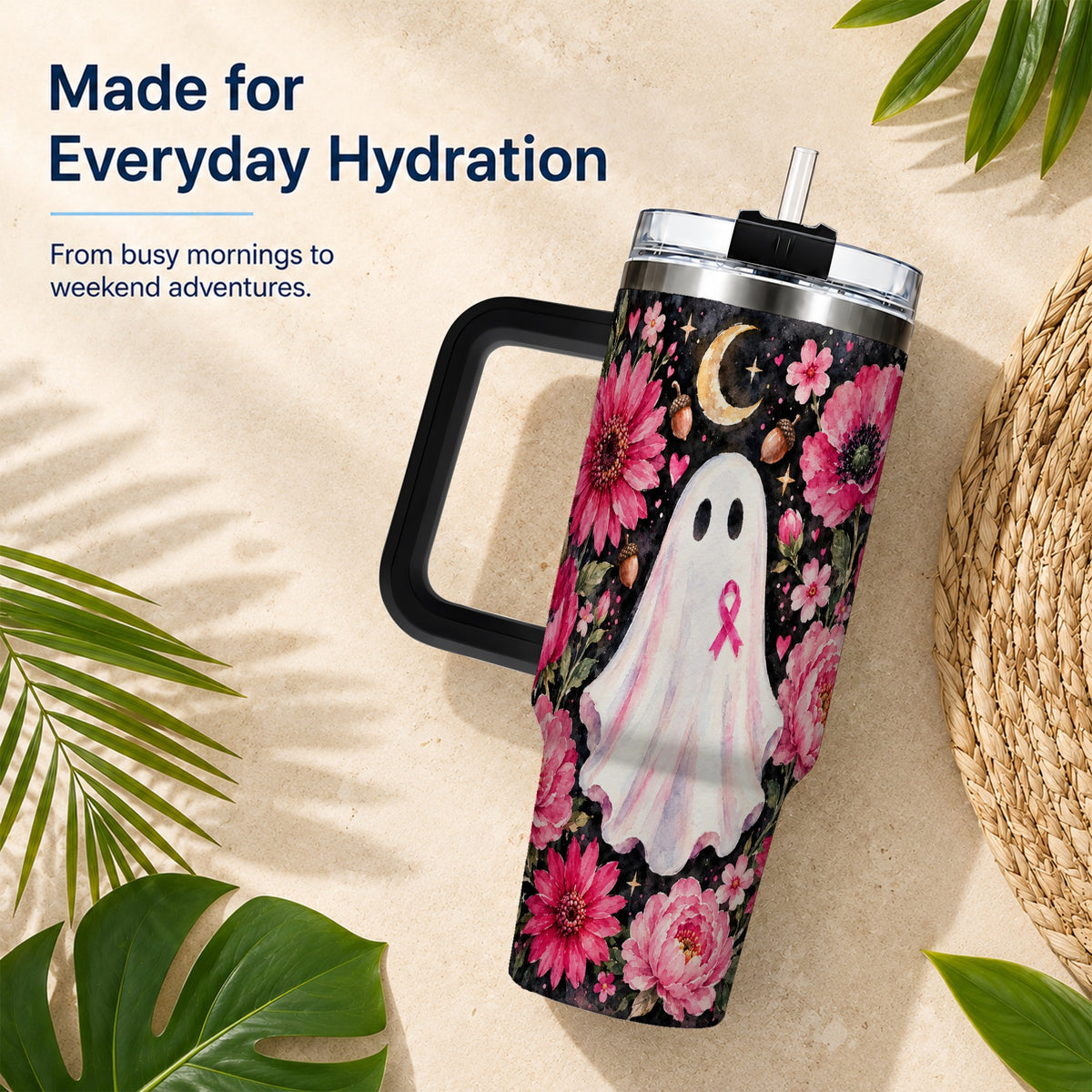 #pl[40oz|Black] Pink Floral Ghost 40oz Tumbler with Handle, Awareness Ribbon Travel Cup