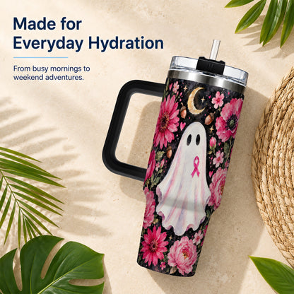 #pl[40oz|Black] Pink Floral Ghost 40oz Tumbler with Handle, Awareness Ribbon Travel Cup