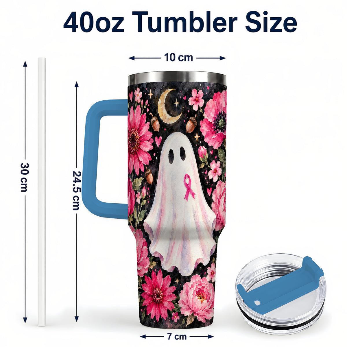 #pl[40oz|Blue] Pink Floral Ghost 40oz Tumbler with Handle, Awareness Ribbon Travel Cup