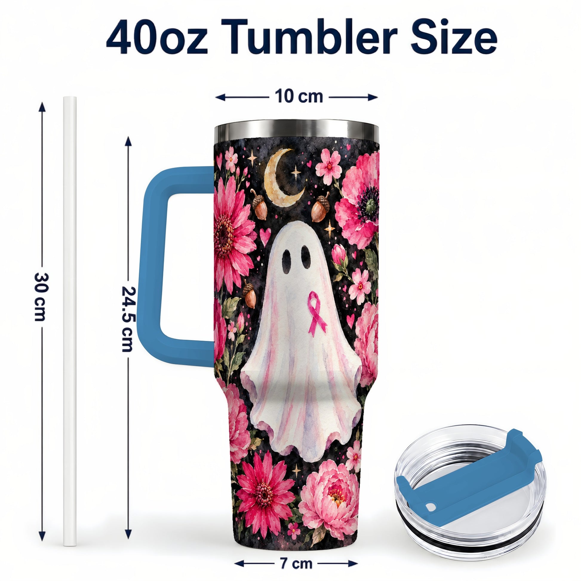 #pl[40oz|Blue] Pink Floral Ghost 40oz Tumbler with Handle, Awareness Ribbon Travel Cup
