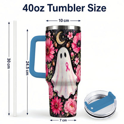 #pl[40oz|Blue] Pink Floral Ghost 40oz Tumbler with Handle, Awareness Ribbon Travel Cup