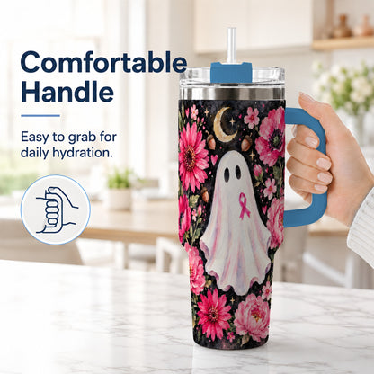#pl[40oz|Blue] Pink Floral Ghost 40oz Tumbler with Handle, Awareness Ribbon Travel Cup