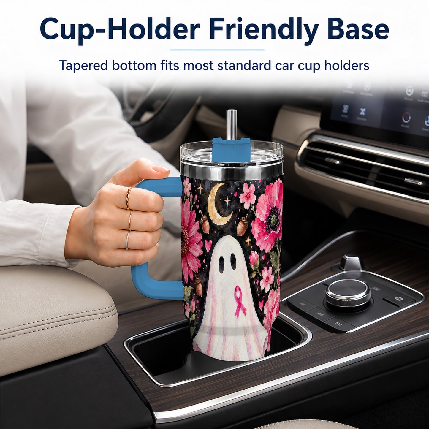 #pl[40oz|Blue] Pink Floral Ghost 40oz Tumbler with Handle, Awareness Ribbon Travel Cup