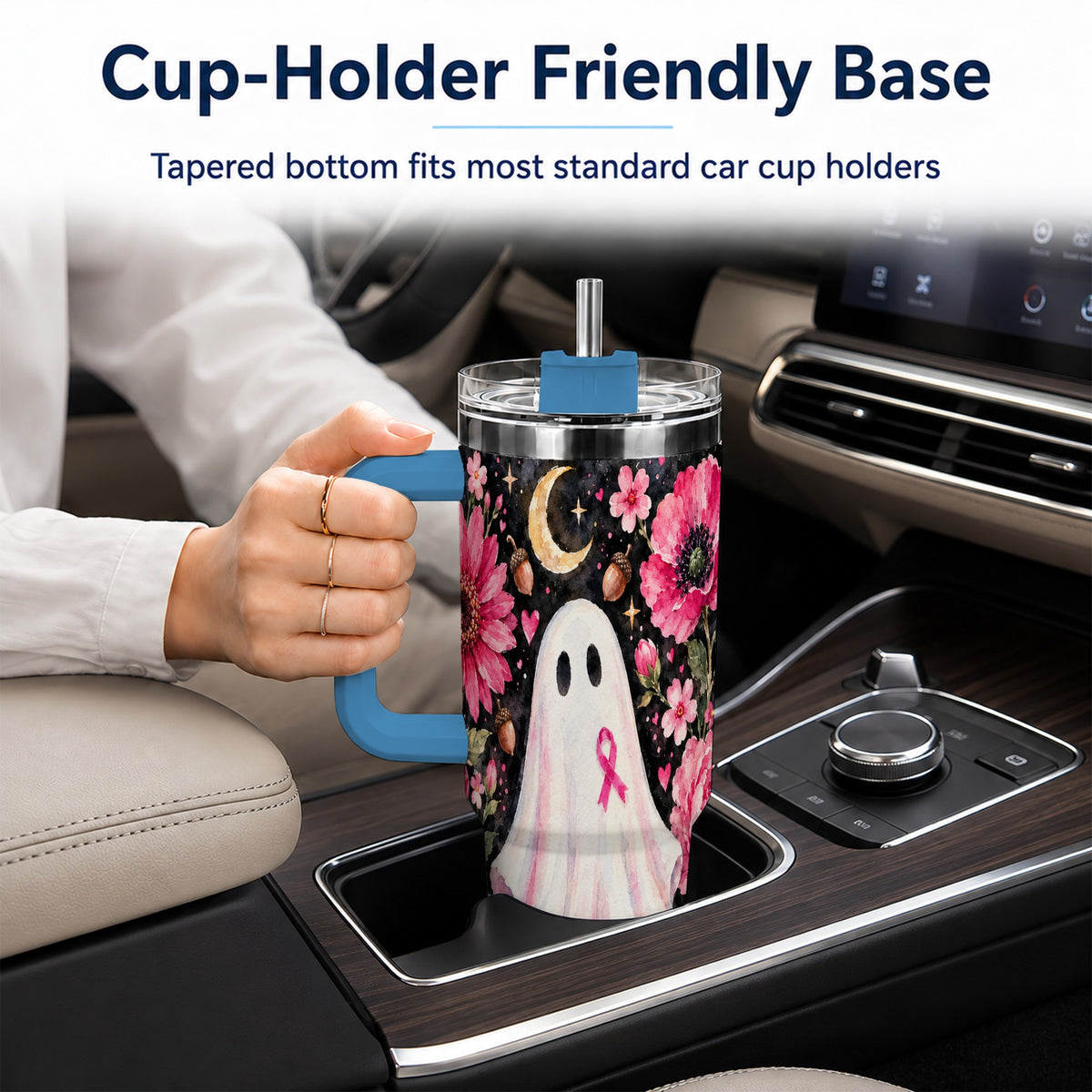 #pl[40oz|Blue] Pink Floral Ghost 40oz Tumbler with Handle, Awareness Ribbon Travel Cup