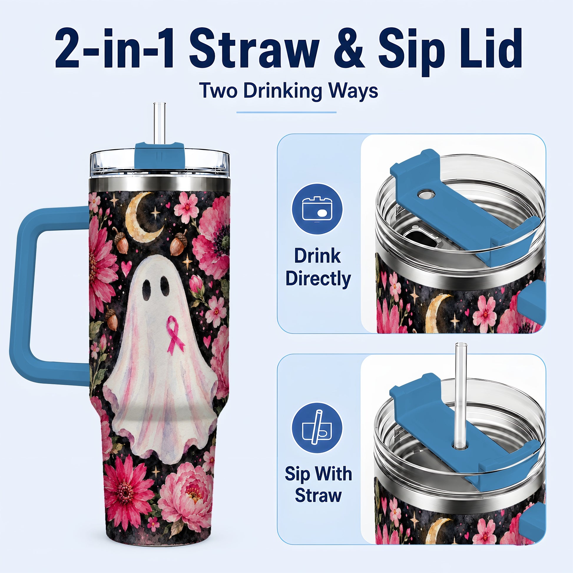 #pl[40oz|Blue] Pink Floral Ghost 40oz Tumbler with Handle, Awareness Ribbon Travel Cup