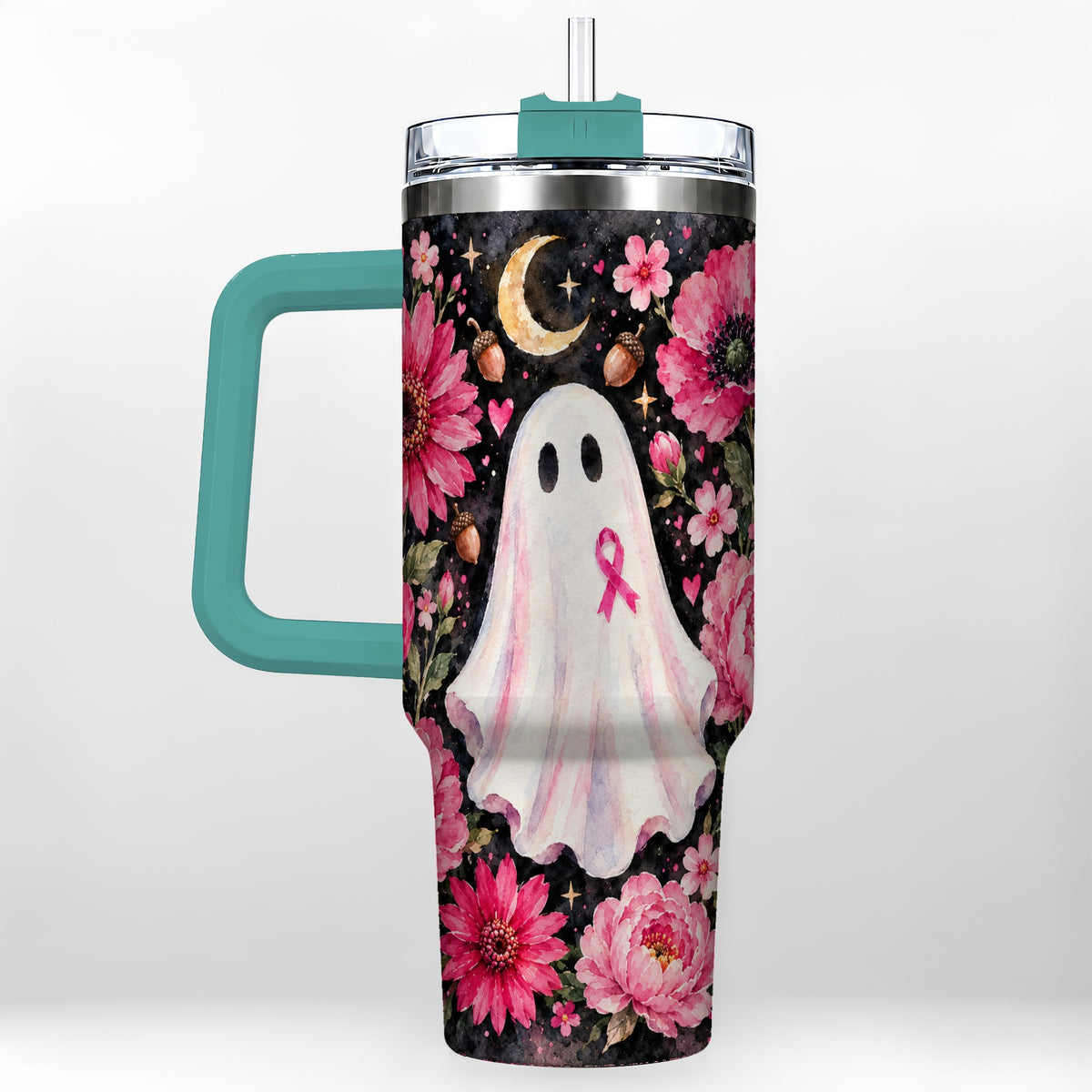 #pl[40oz|Green] Pink Floral Ghost 40oz Tumbler with Handle, Awareness Ribbon Travel Cup