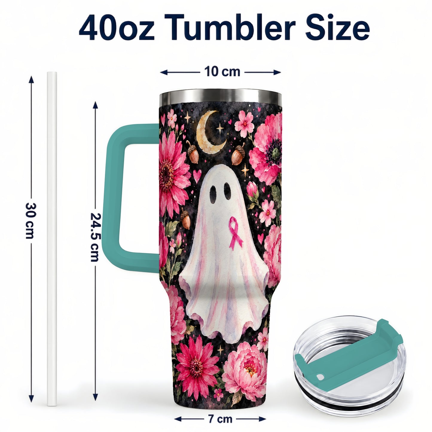#pl[40oz|Green] Pink Floral Ghost 40oz Tumbler with Handle, Awareness Ribbon Travel Cup