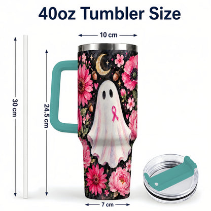 #pl[40oz|Green] Pink Floral Ghost 40oz Tumbler with Handle, Awareness Ribbon Travel Cup