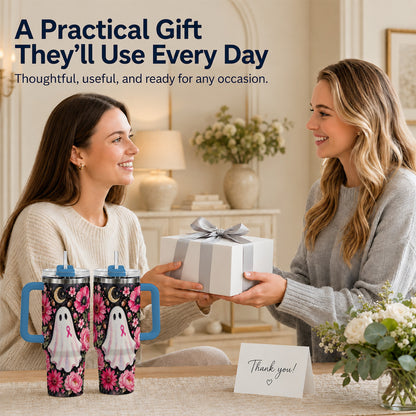 #pl[40oz|Blue] Pink Floral Ghost 40oz Tumbler with Handle, Awareness Ribbon Travel Cup