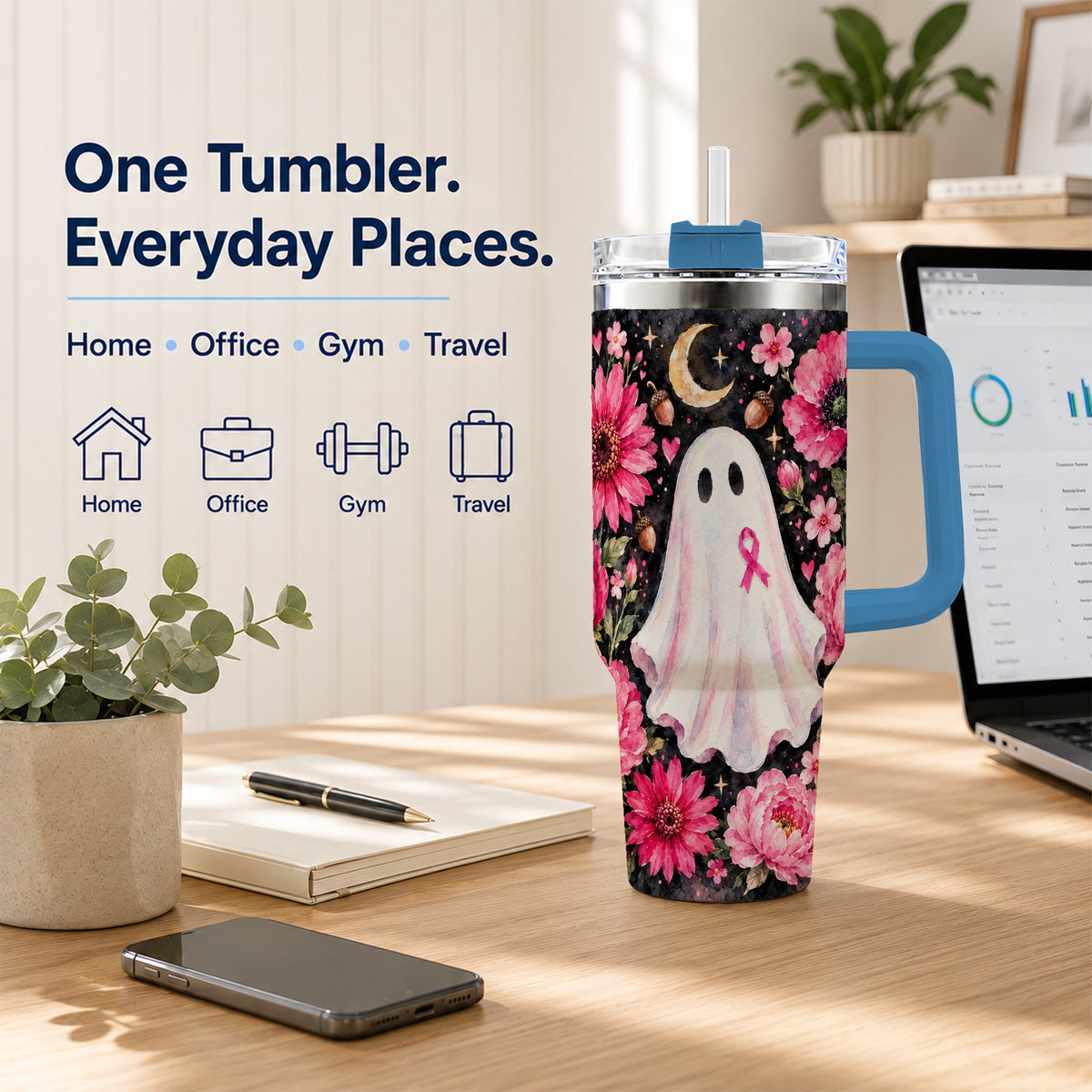 #pl[40oz|Blue] Pink Floral Ghost 40oz Tumbler with Handle, Awareness Ribbon Travel Cup