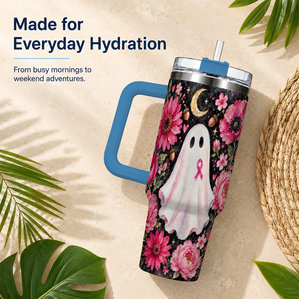 #pl[40oz|Blue] Pink Floral Ghost 40oz Tumbler with Handle, Awareness Ribbon Travel Cup