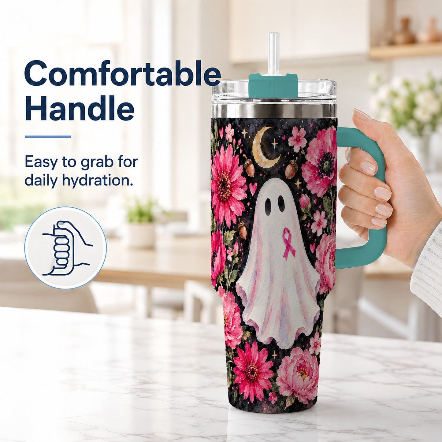 #pl[40oz|Green] Pink Floral Ghost 40oz Tumbler with Handle, Awareness Ribbon Travel Cup
