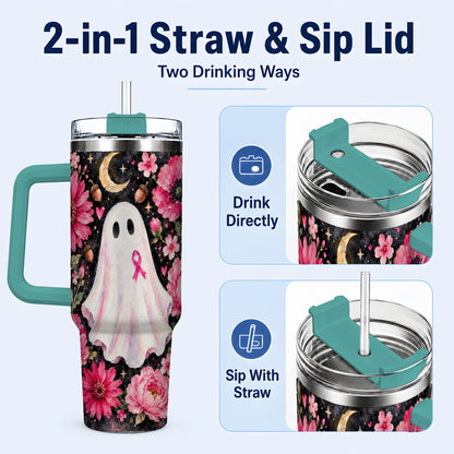 #pl[40oz|Green] Pink Floral Ghost 40oz Tumbler with Handle, Awareness Ribbon Travel Cup