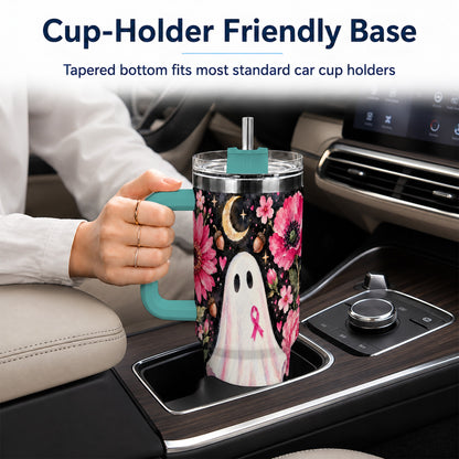 #pl[40oz|Green] Pink Floral Ghost 40oz Tumbler with Handle, Awareness Ribbon Travel Cup