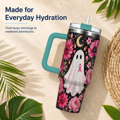 #pl[40oz|Green] Pink Floral Ghost 40oz Tumbler with Handle, Awareness Ribbon Travel Cup