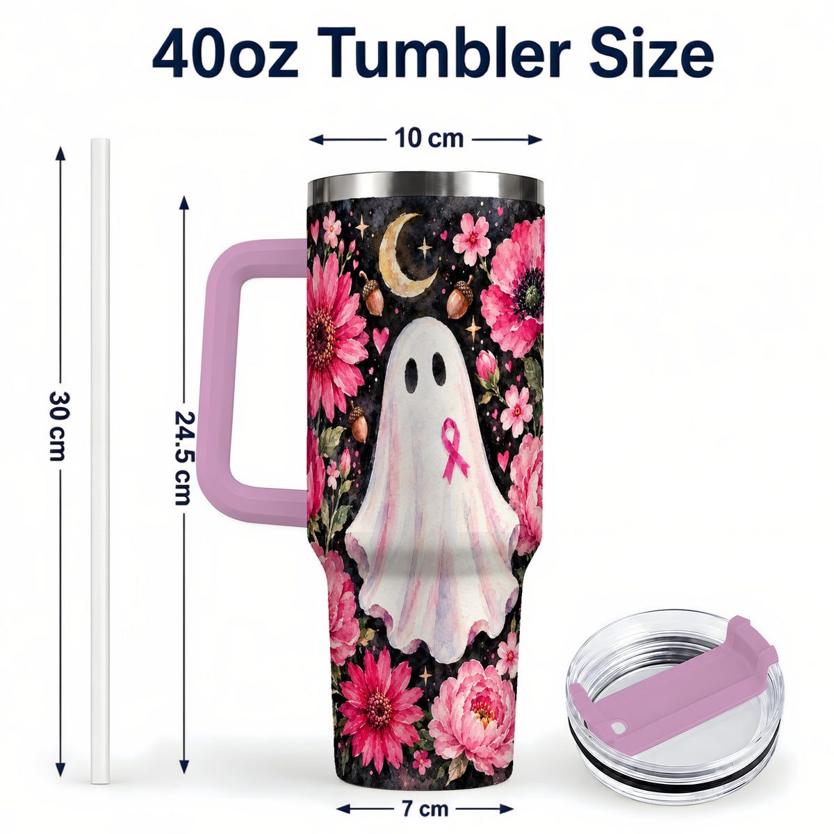 #pl[40oz|Pink] Pink Floral Ghost 40oz Tumbler with Handle, Awareness Ribbon Travel Cup