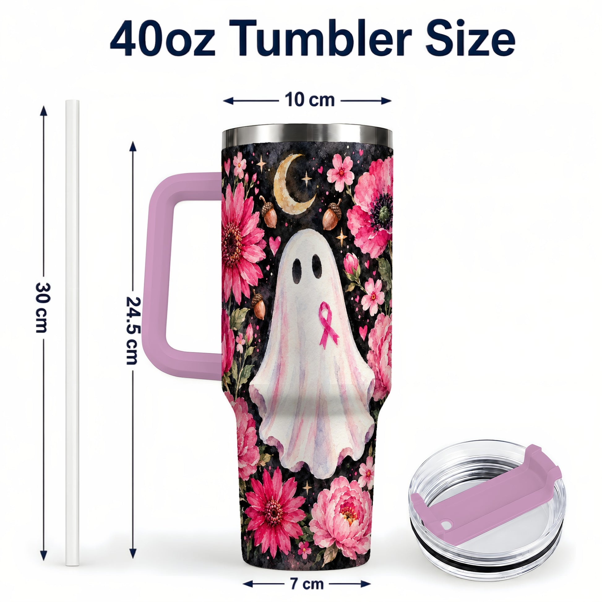 #pl[40oz|Pink] Pink Floral Ghost 40oz Tumbler with Handle, Awareness Ribbon Travel Cup