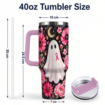 #pl[40oz|Pink] Pink Floral Ghost 40oz Tumbler with Handle, Awareness Ribbon Travel Cup