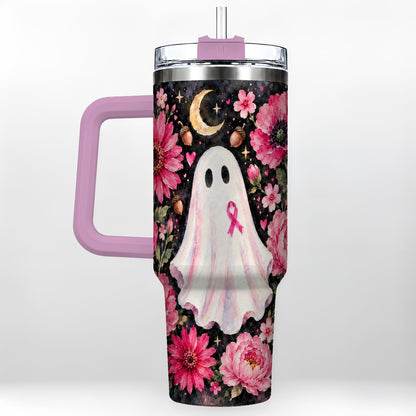 #pl[40oz|Pink] Pink Floral Ghost 40oz Tumbler with Handle, Awareness Ribbon Travel Cup