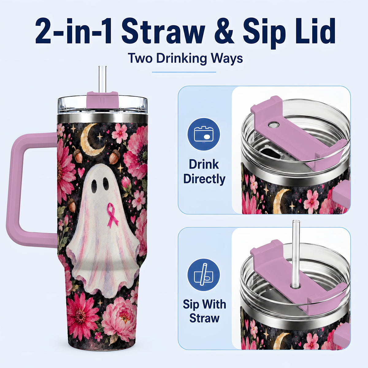 #pl[40oz|Pink] Pink Floral Ghost 40oz Tumbler with Handle, Awareness Ribbon Travel Cup