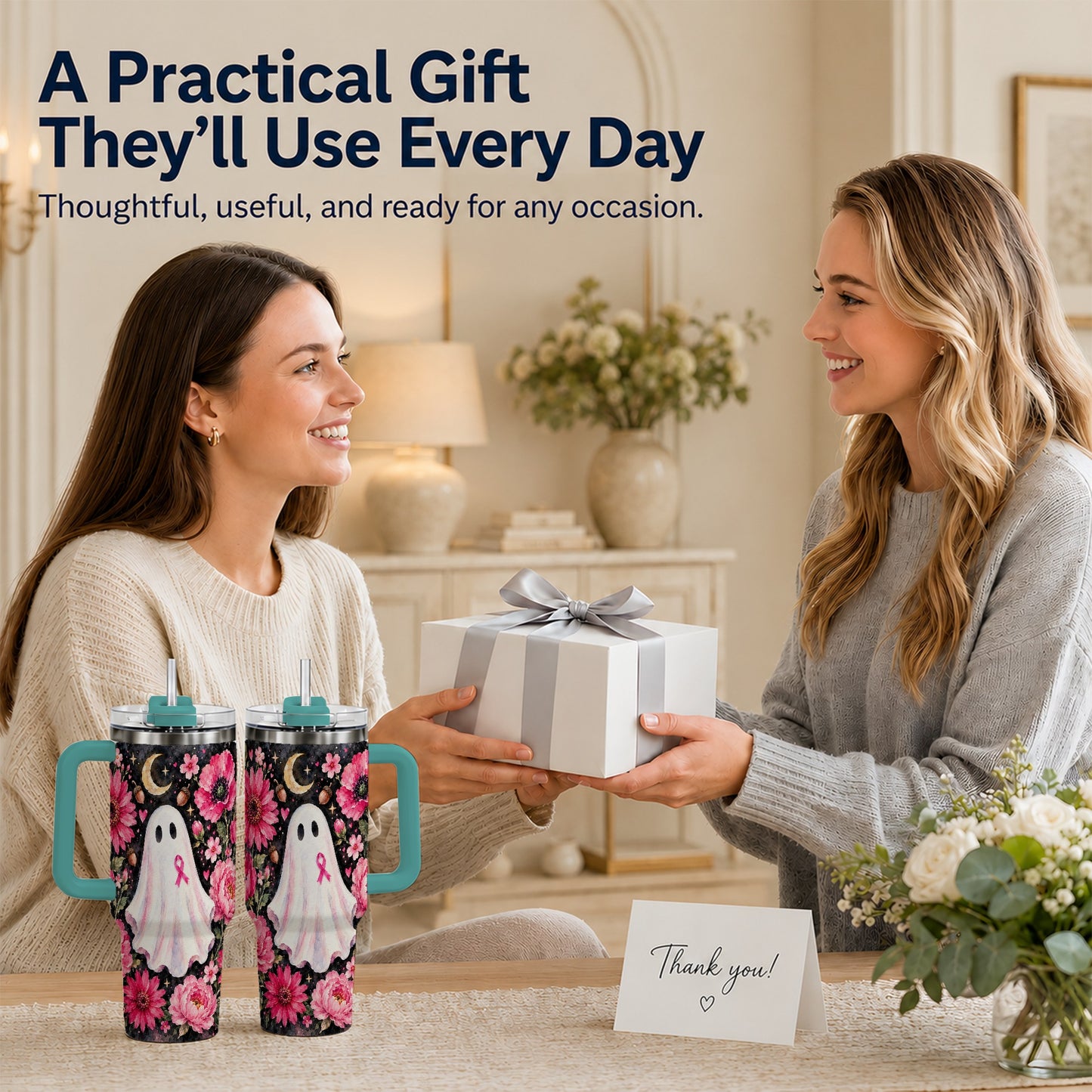 #pl[40oz|Green] Pink Floral Ghost 40oz Tumbler with Handle, Awareness Ribbon Travel Cup