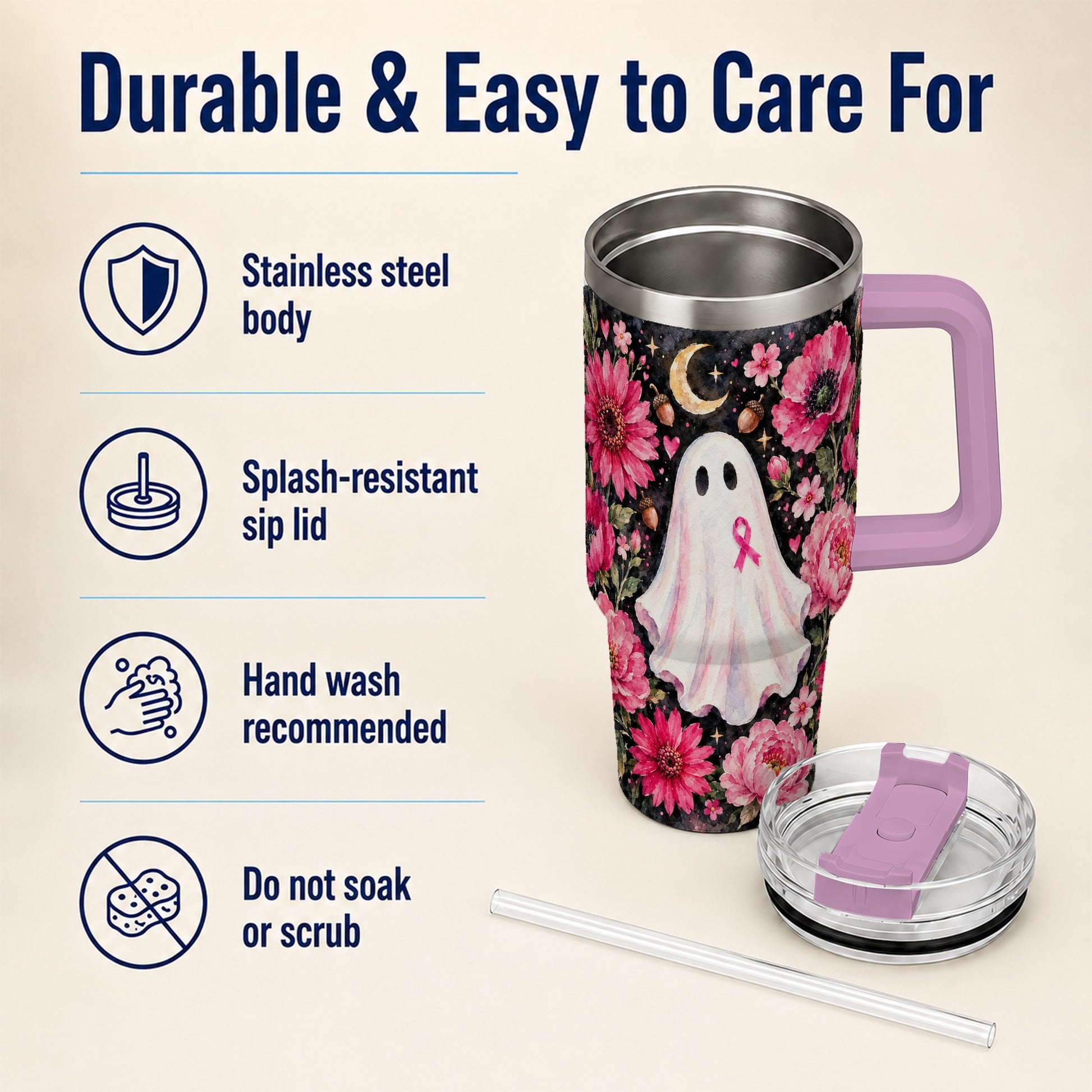 #pl[40oz|Pink] Pink Floral Ghost 40oz Tumbler with Handle, Awareness Ribbon Travel Cup