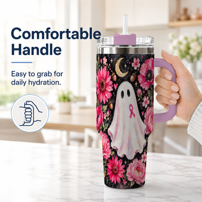 #pl[40oz|Pink] Pink Floral Ghost 40oz Tumbler with Handle, Awareness Ribbon Travel Cup