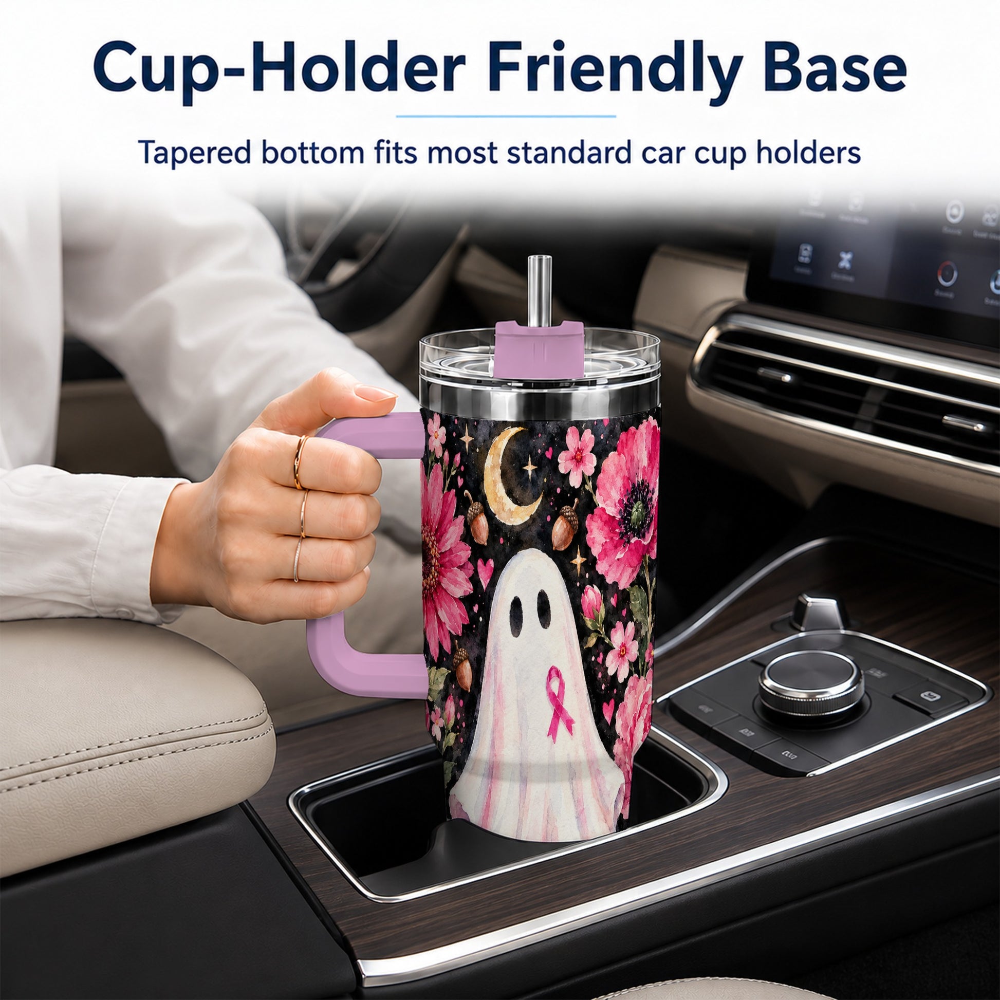 #pl[40oz|Pink] Pink Floral Ghost 40oz Tumbler with Handle, Awareness Ribbon Travel Cup