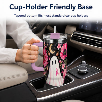 #pl[40oz|Pink] Pink Floral Ghost 40oz Tumbler with Handle, Awareness Ribbon Travel Cup