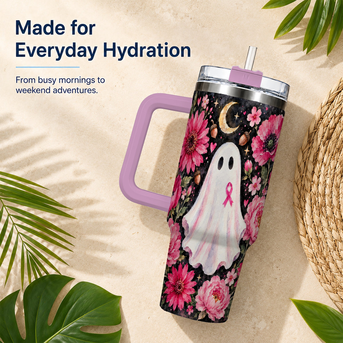#pl[40oz|Pink] Pink Floral Ghost 40oz Tumbler with Handle, Awareness Ribbon Travel Cup