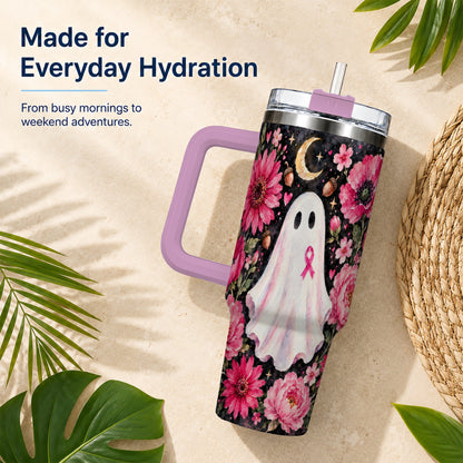 #pl[40oz|Pink] Pink Floral Ghost 40oz Tumbler with Handle, Awareness Ribbon Travel Cup