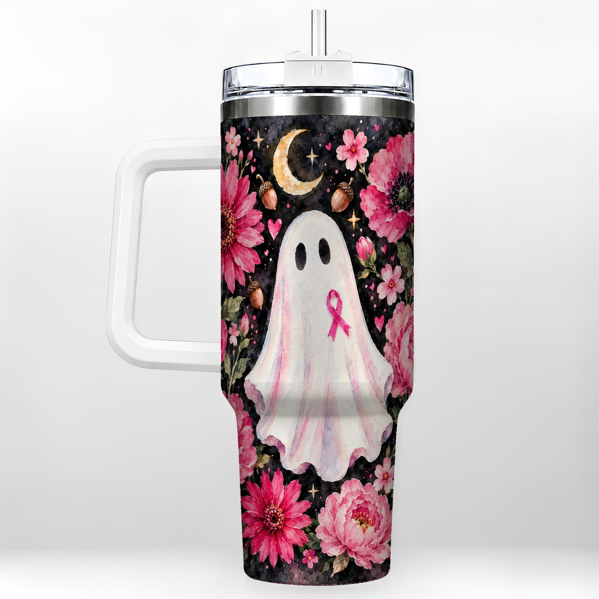 Pink Floral Ghost 40oz Tumbler with Handle, Awareness Ribbon Travel Cup