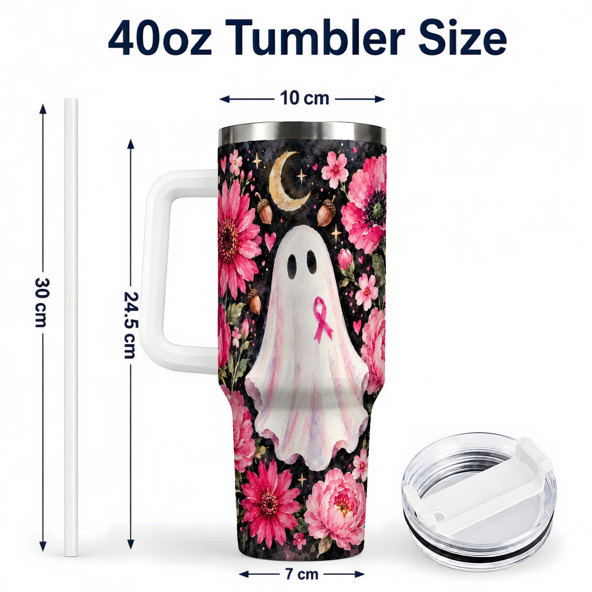 #pl[40oz|White] Pink Floral Ghost 40oz Tumbler with Handle, Awareness Ribbon Travel Cup