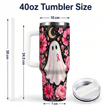 #pl[40oz|White] Pink Floral Ghost 40oz Tumbler with Handle, Awareness Ribbon Travel Cup