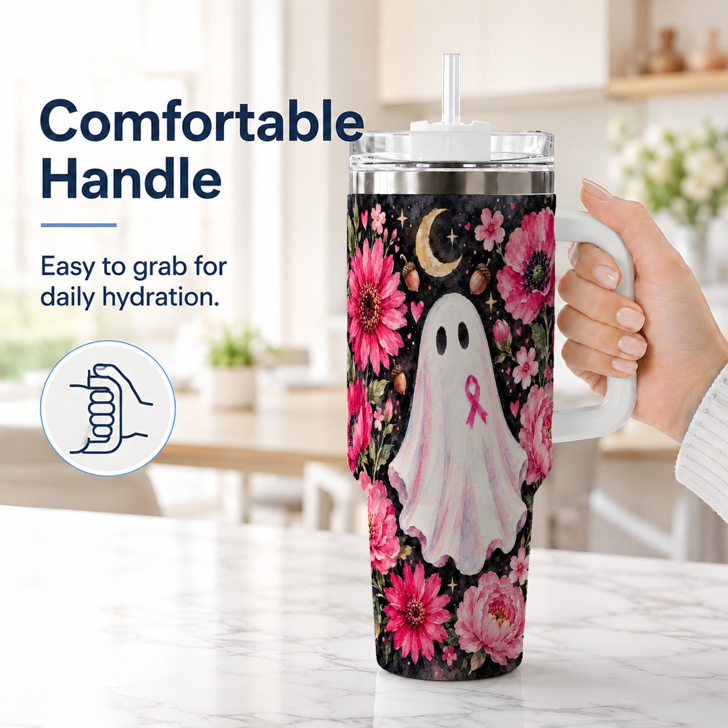 #pl[40oz|White] Pink Floral Ghost 40oz Tumbler with Handle, Awareness Ribbon Travel Cup