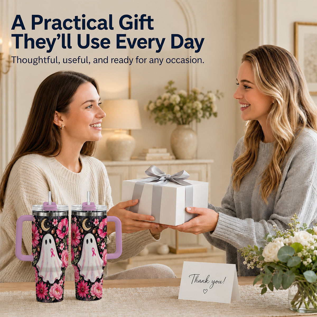 #pl[40oz|Pink] Pink Floral Ghost 40oz Tumbler with Handle, Awareness Ribbon Travel Cup